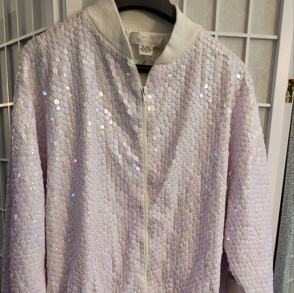 Iridescent vintage sequinned oversized bomber jacket, by Sandy Starkman, S